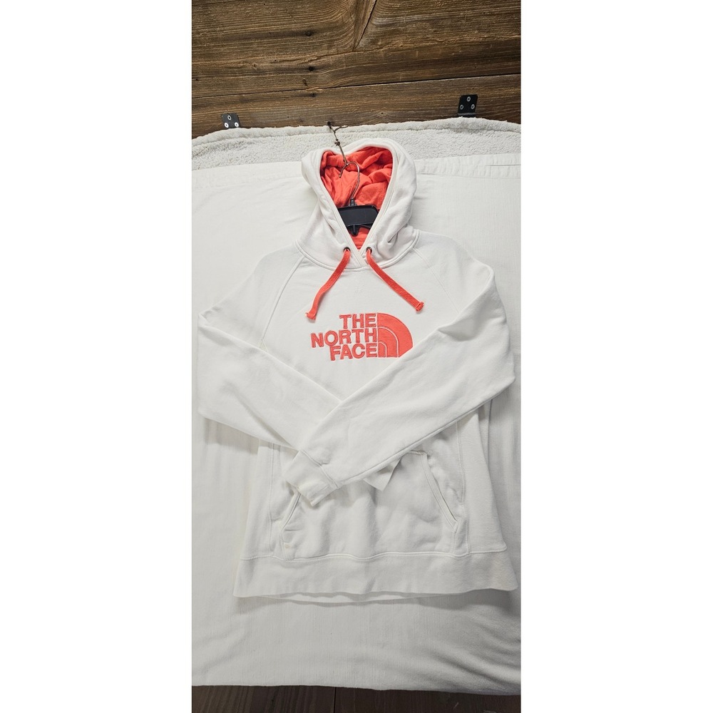The North Face Womens Hoodie White Coral Orange Logo Pullover Sweatshirt Large - Picture 2 of 4